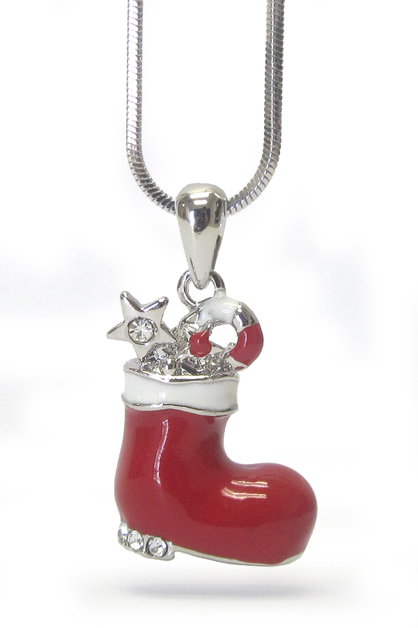 Made in korea whitegold plating crystal christmas red boot pendant necklace