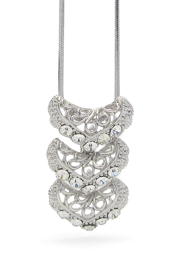 Made in korea whitegold plating crystal and metal filigree triple chevron drop necklace