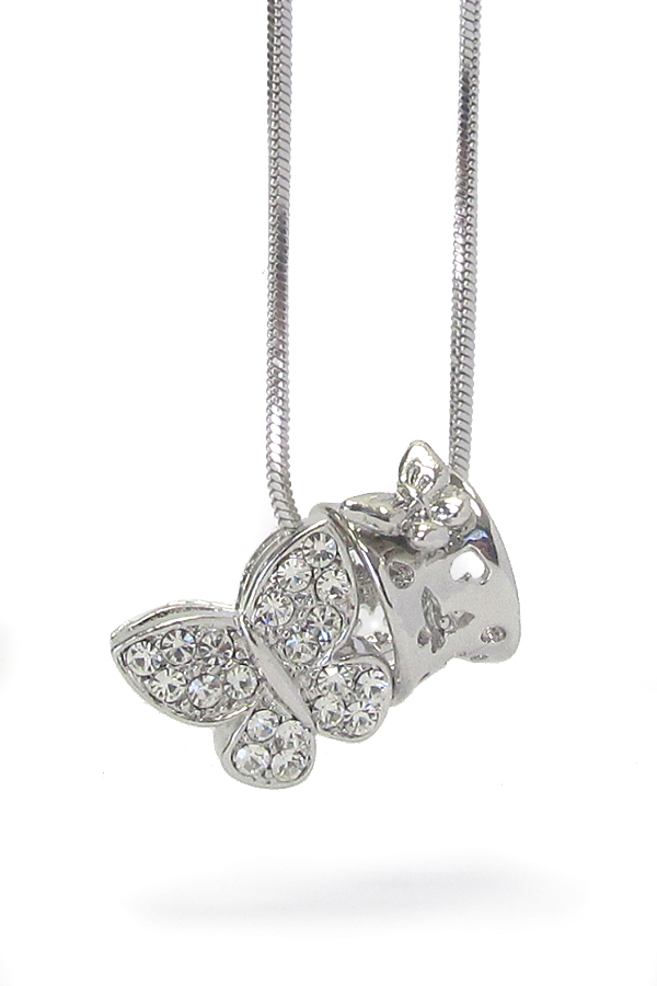 WHITEGOLD PLATING CRYSTAL STUD BUTTERFLY AND RING NECKLACE