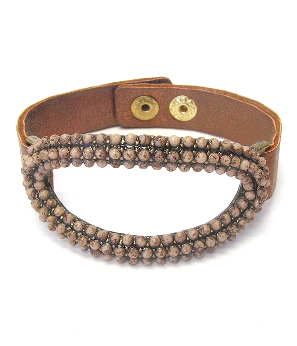 Mutli stone stud oval leather bracelet