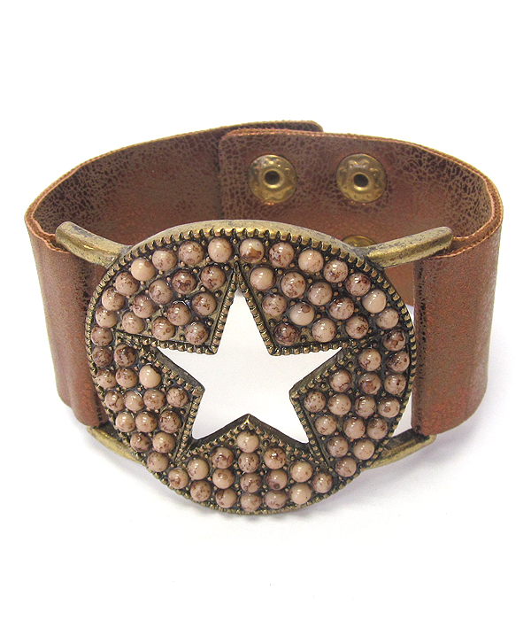 MULTI STONE STUD AND STAR DISC LEATHER BRACELET