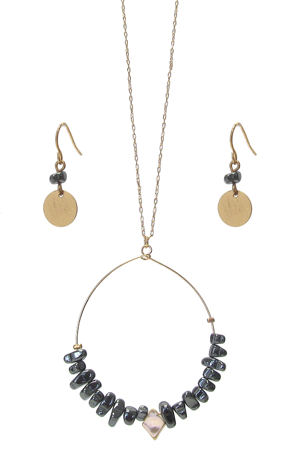 Semi precious bead wire hoop pendant long necklace set