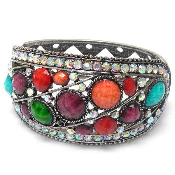Multi crystal and resin bubble deco open bangle vintage bracelet
