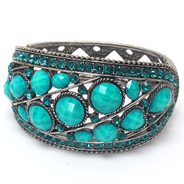 Multi crystal and resin bubble deco open bangle vintage bracelet