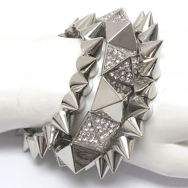 Three row crystal stud chunky spike stretch bracelet set