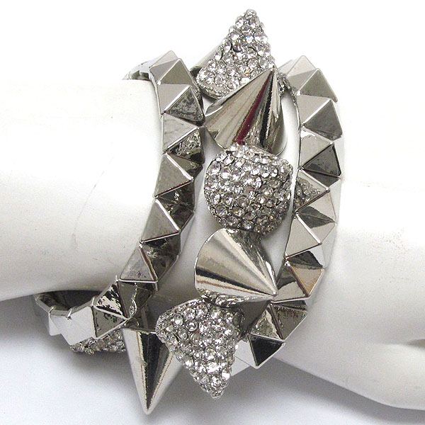 Three row crystal stud chunky spike stretch bracelet set