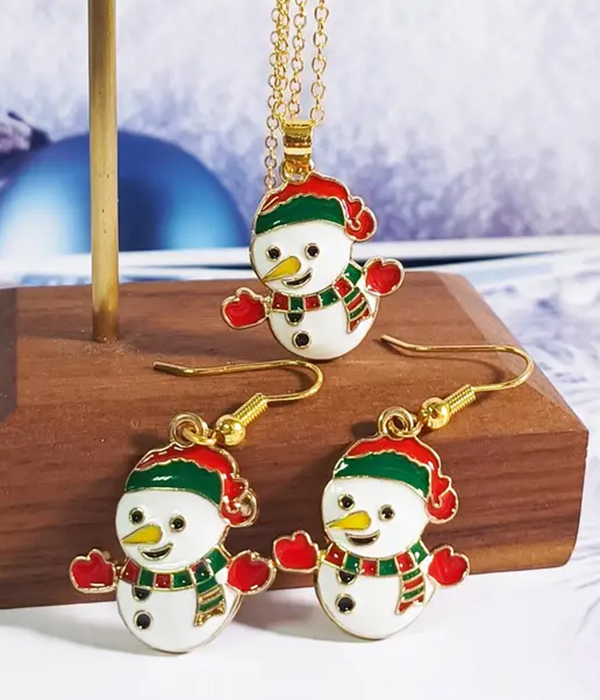 Christmas theme epoxy snowman necklace earring set