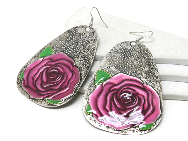Large painted rose metal earring