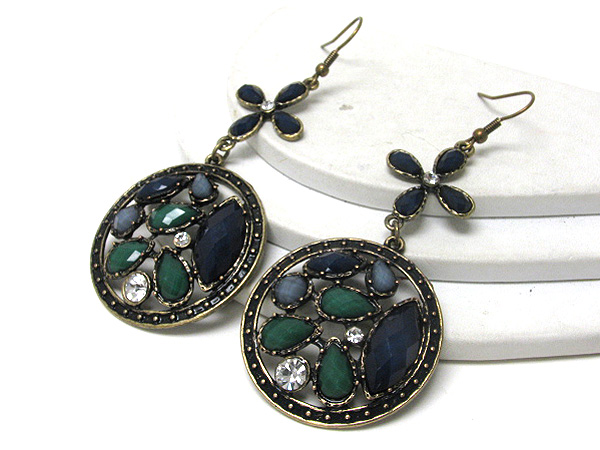 Retro vintage crystal and acrylic stone deco disk drop earrings