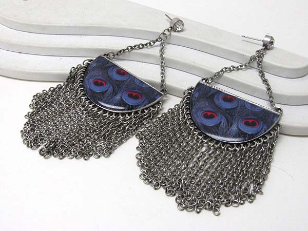 Retro vintage peacock paint half disk and multi chain drop earrings