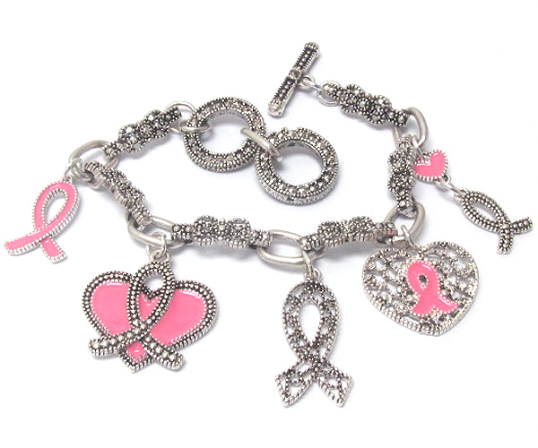 Metal casting and epoxy deco pink ribbon charm bracelet - breast cancer awareness