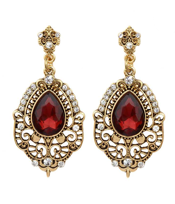 Facet glass and crystal metal filigree teardrop earring