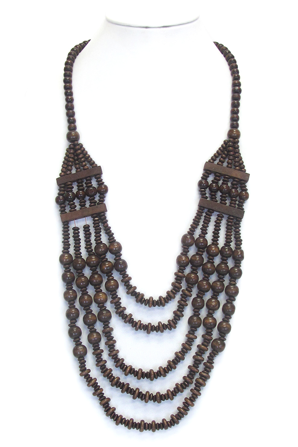 Multi layer natural wood bead long necklace