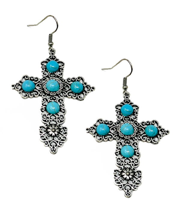 TURQUOISE CENTER BOHEMIAN MANDALA CROSS EARRING