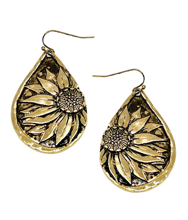 VINTAGE METAL SUNFLOWER TEARDROP EARRING