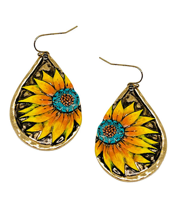 Vintage metal sunflower teardrop earring