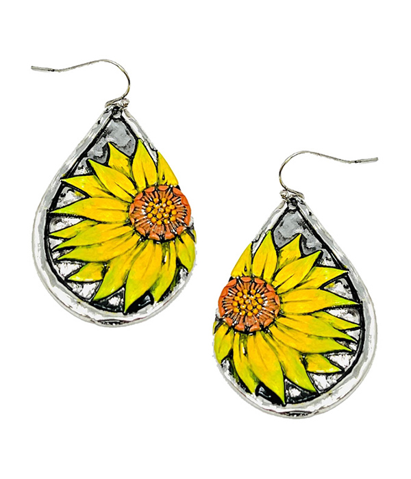 Vintage metal sunflower teardrop earring