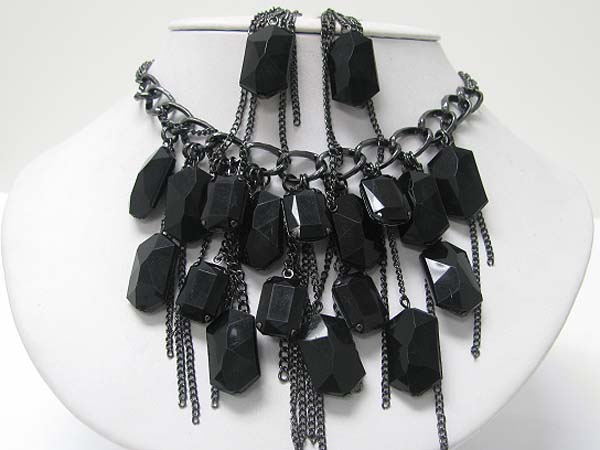 Facet acryl stone and tassel drop necklace earring set