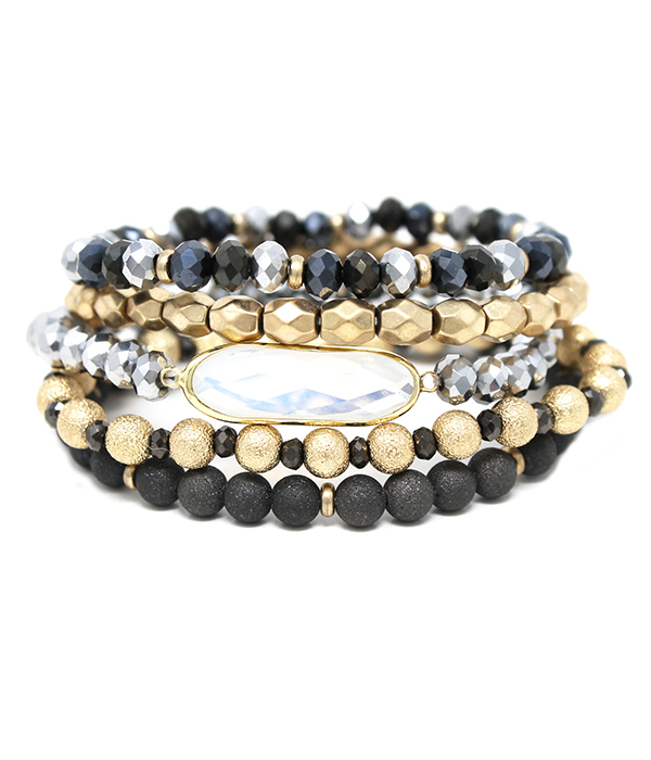 FACET STONE AND METAL BALL BEAD MIX 5 STRETCH BRACELET SET