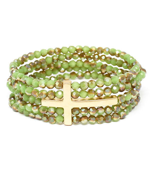 CROSS AND MULTI FACET STONE 5 LAYER STRETCH BRACELET