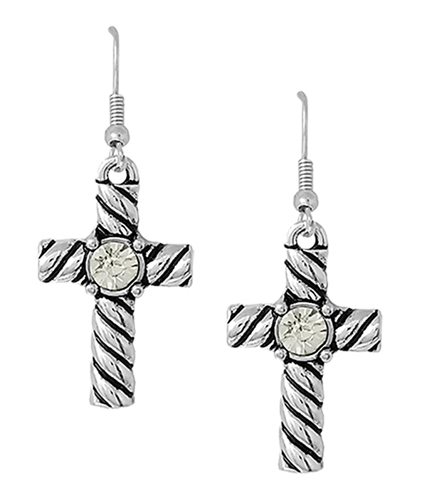 DESIGNER TEXTURED CRYSTAL CENTER CROSS EARRING