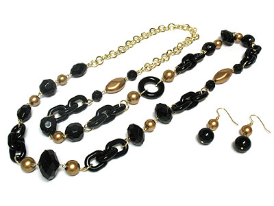 Patina beads link long necklace and earring set