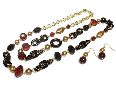 Patina beads link long necklace and earring set