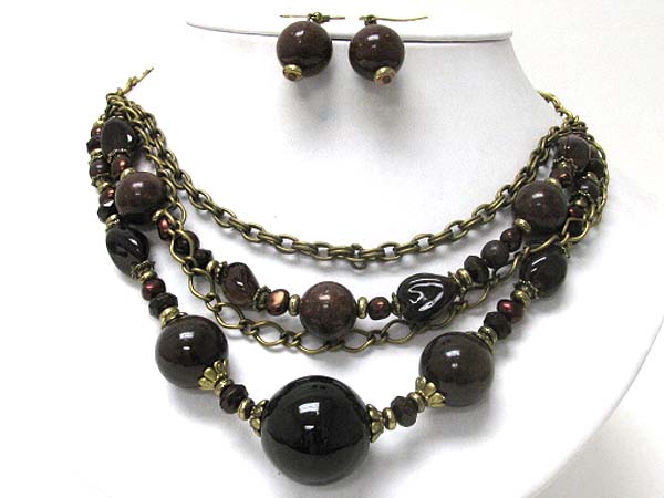 GRADUAL CERAMIC BALL LINK MULTI ROW CHAIN NECKLACE EARRING SET