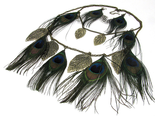 Multi peacock feather double layered necklace earring set-halloween