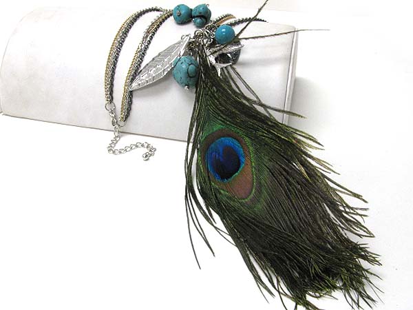 PEACOCK FEATHER AND MIXED CHARM DANGLE LONG NECKLACE EARRING SET