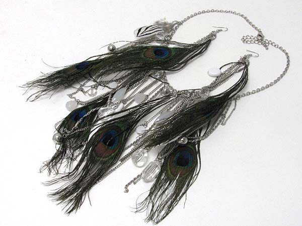 Multi genuine natural peacock feather dangle necklace earring set