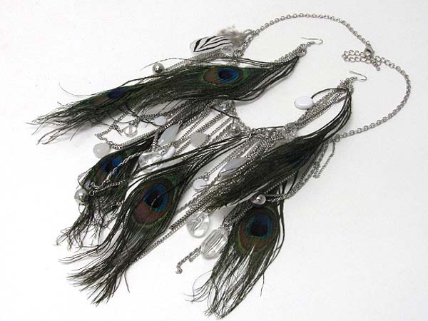 MULTI GENUINE NATURAL PEACOCK FEATHER DANGLE NECKLACE EARRING SET