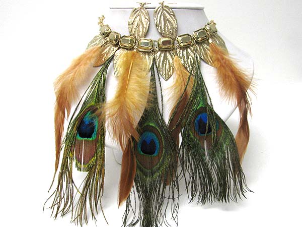 MULTI GENUINE NATURAL PEACOCK FEATHER DANGLE NECKLACE EARRING SET