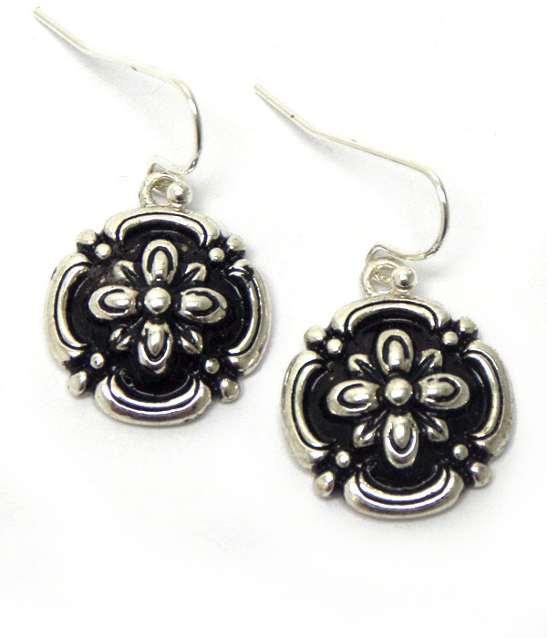 Textured metal flower fish hook earrings