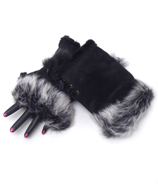 Solid color fur fingertip open gloves 