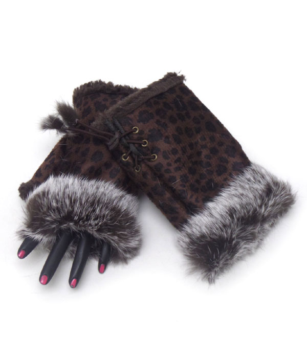 Animal print fur open fingertip gloves
