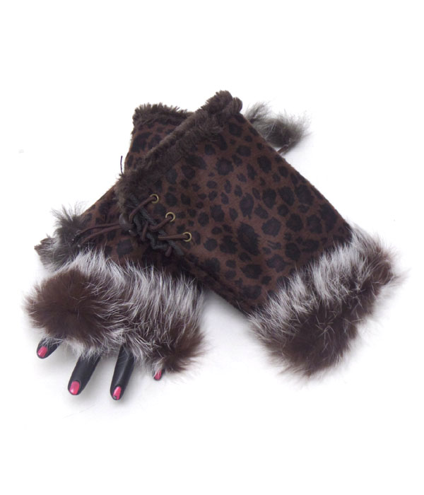 Animal print fur open fingertip gloves