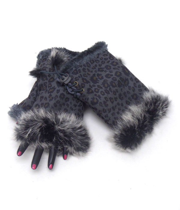 Animal print fur open fingertip gloves