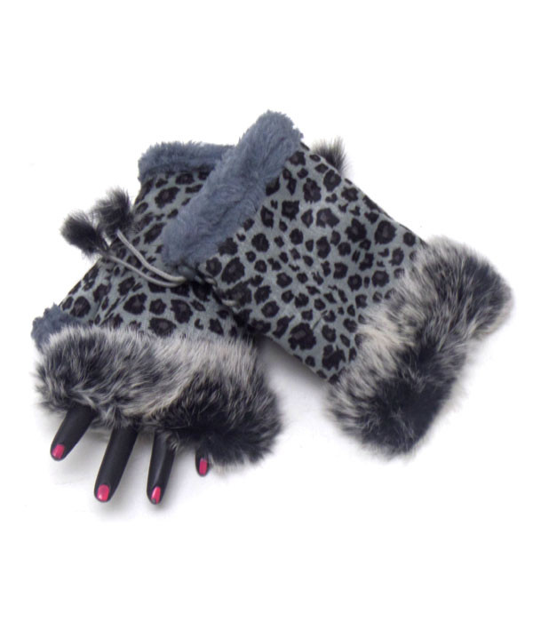 Animal print fur open fingertip gloves
