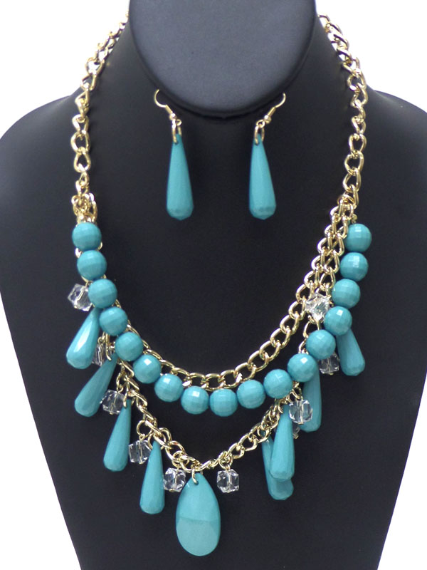 Layer chain beads and turquoise stone necklace set