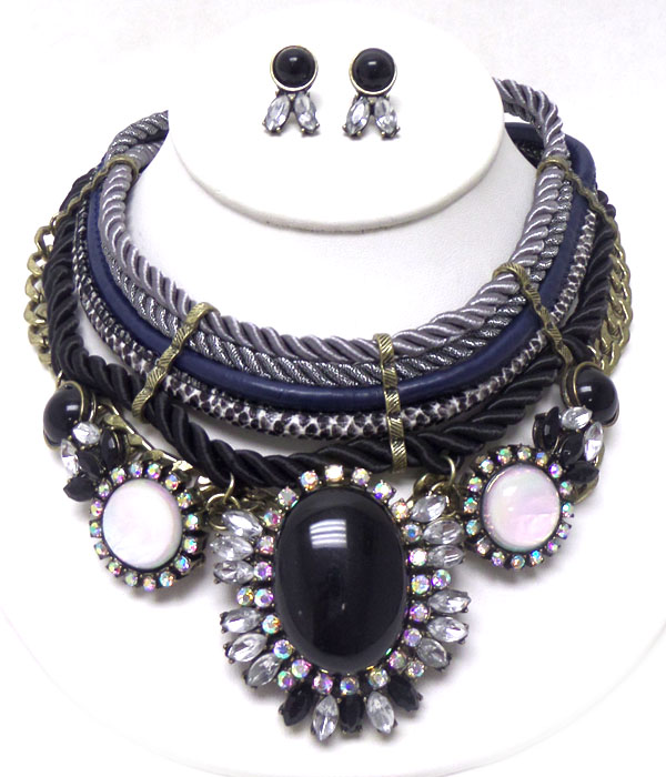 Five layer of rope with large pendant with crystals necklace set
