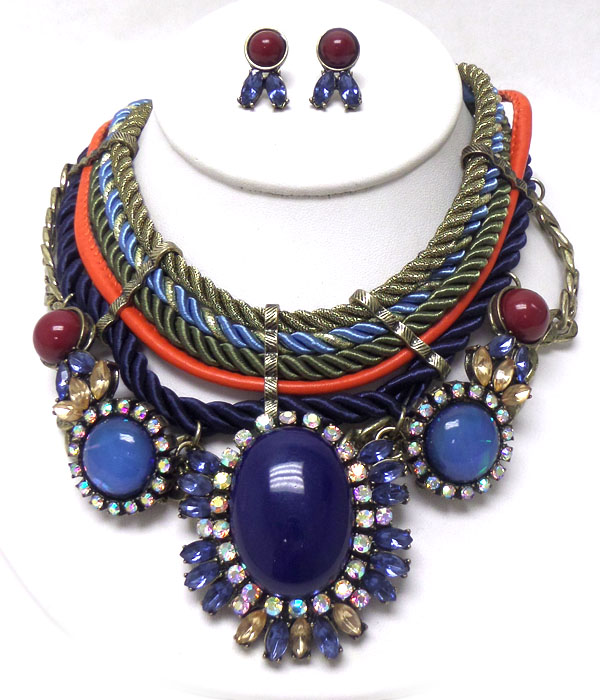 Five layer of rope with large pendant with crystals necklace set