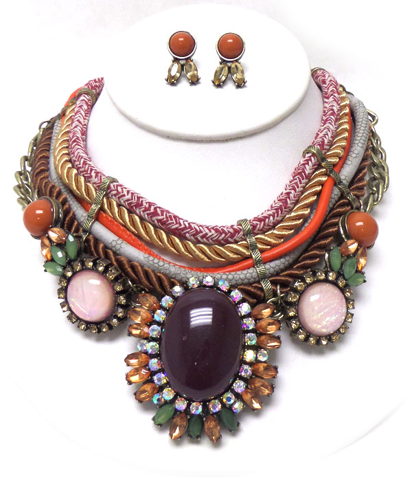 Five layer of rope with large pendant with crystals necklace set