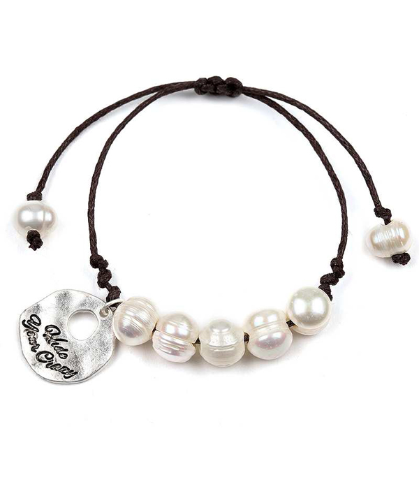 Genuine fresh water pearl and hammered disk and adjustable cord bracelet - hide your crazy