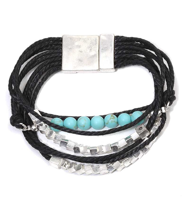 METAL CHIP AND TURQUOISE MULTI WAX CORD MAGNETIC BRACELET