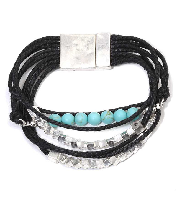 Metal chip and turquoise multi wax cord magnetic bracelet