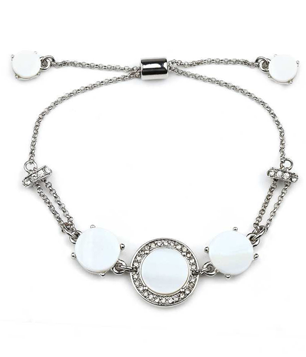 Mother of pearl and crystal disk pull tie bracelet