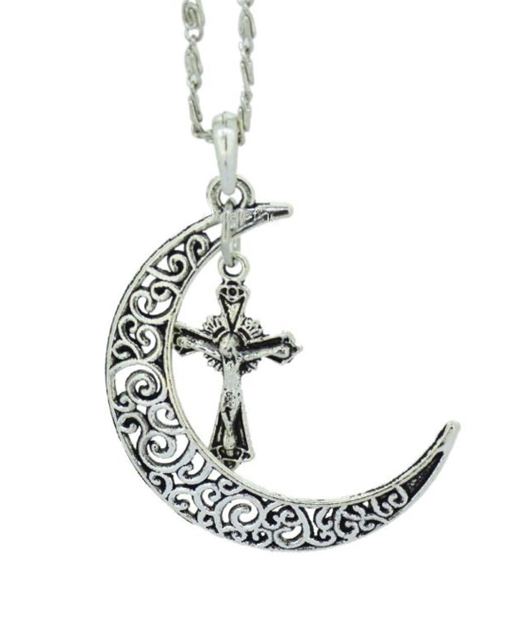 Metal filigree moon and cross pendant necklace
