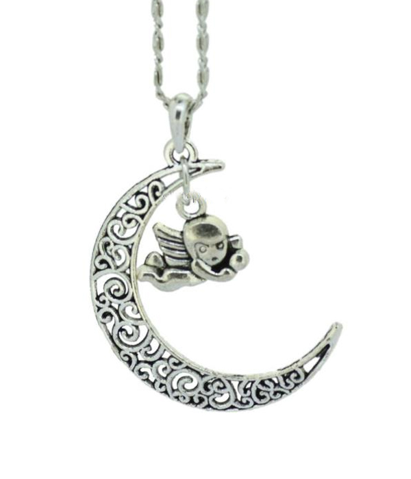 Metal filigree moon and angel pendant necklace