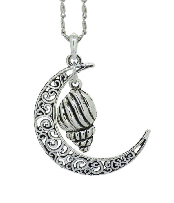 Metal filigree moon and turbo shell pendant necklace